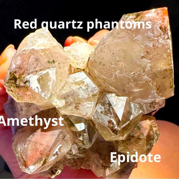 Large quartz, amethyst, and epidote combo with phantoms terminations red quartz